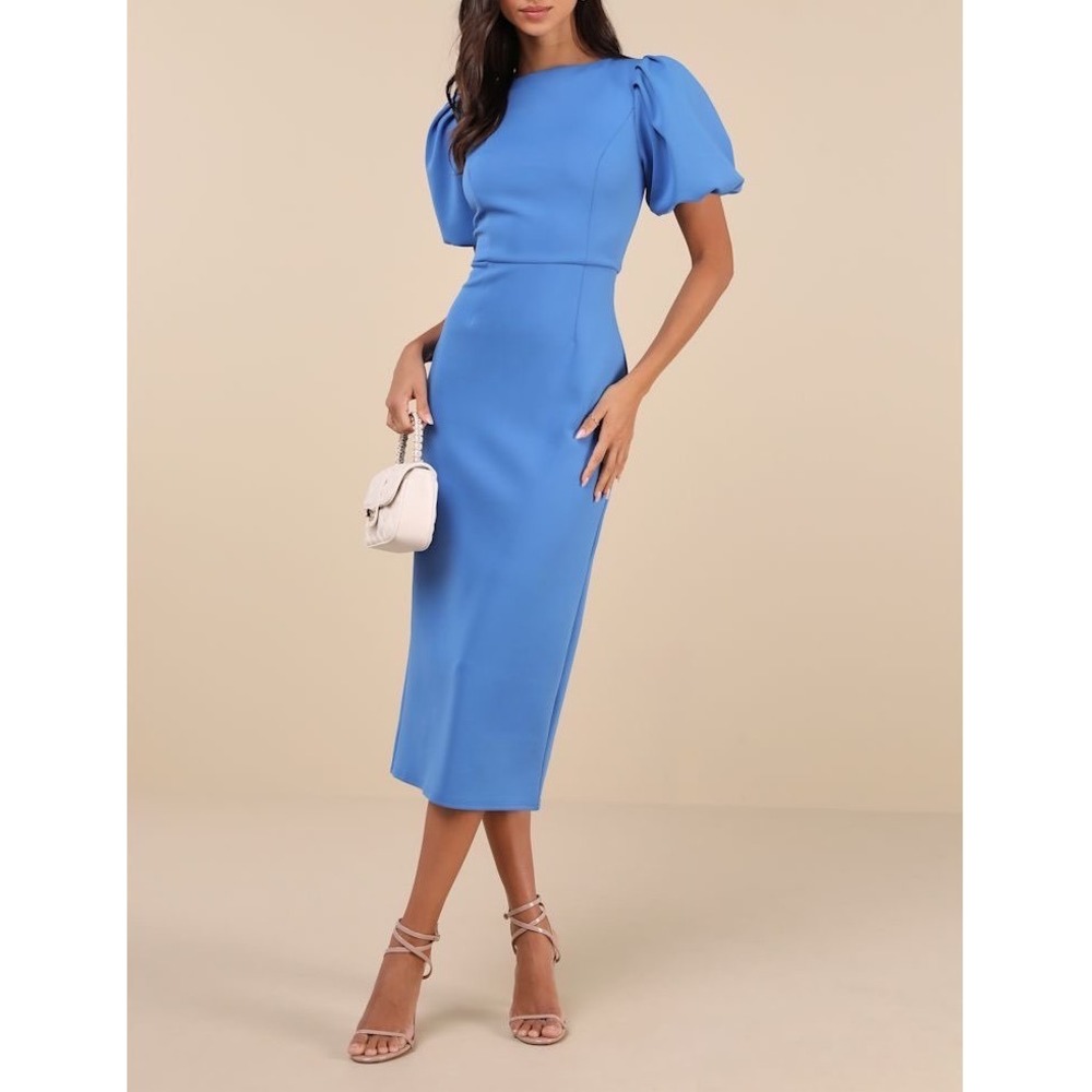 NWT Lulus Simply Beloved Blue Puff Sleeve Bodycon Midi Dress Medium